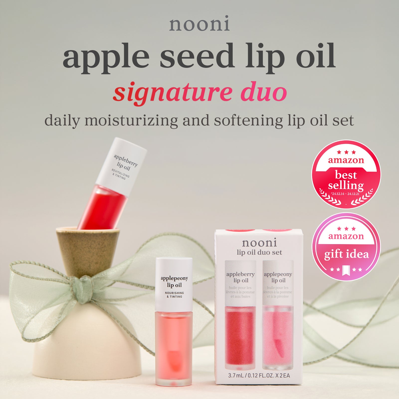 Apple seed lip oil duo set with appleberry and applepeony products and Amazon award badges.