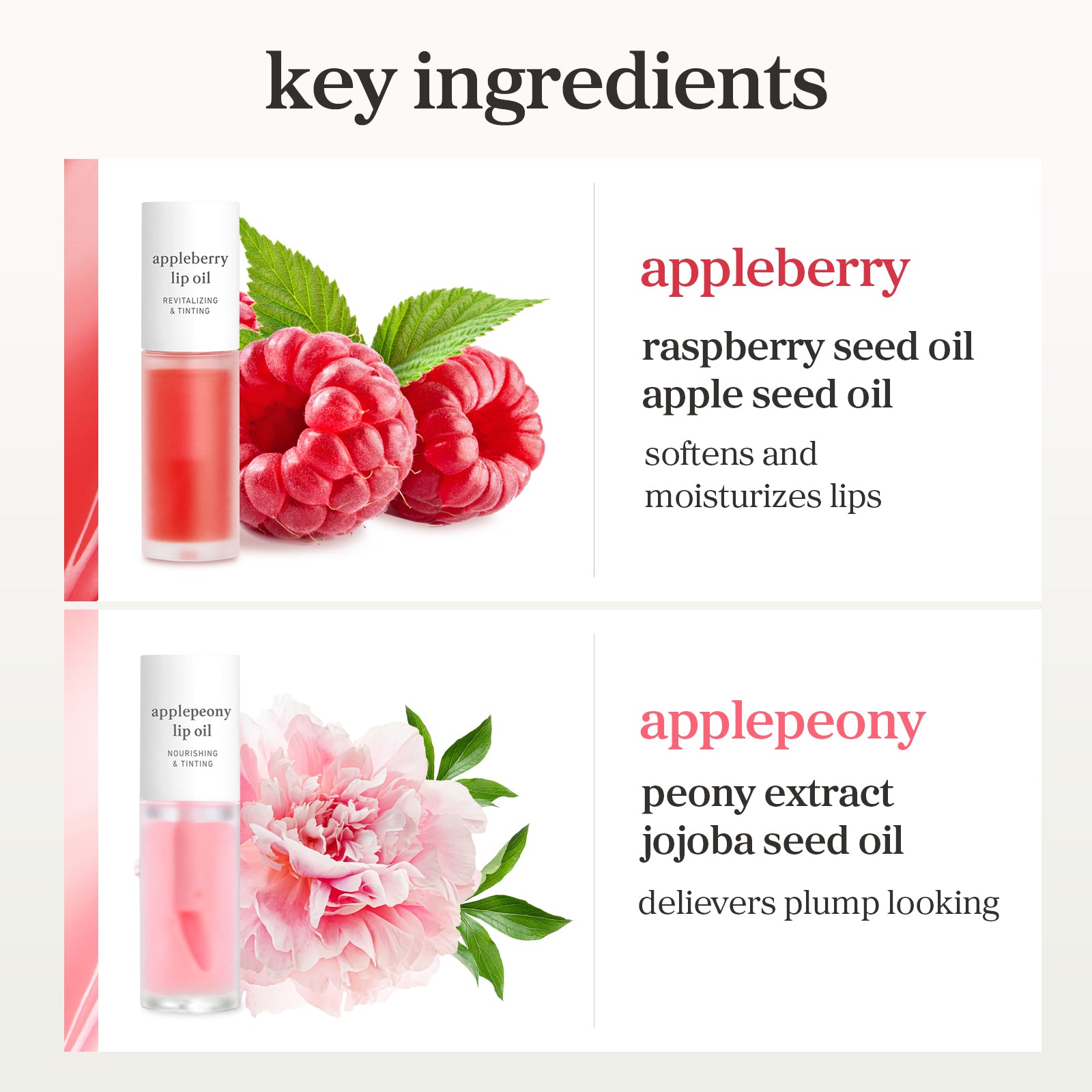 Lip oil ingredient chart featuring raspberry seed oil and peony extract.