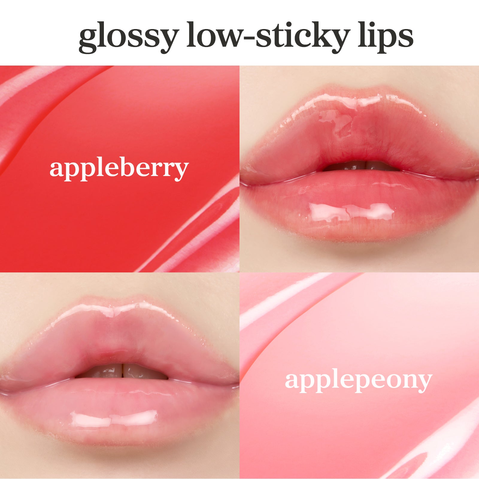 Lip Oil duo set(appleberry & applepeony) applied on lips showing glossy finish and natural tint.