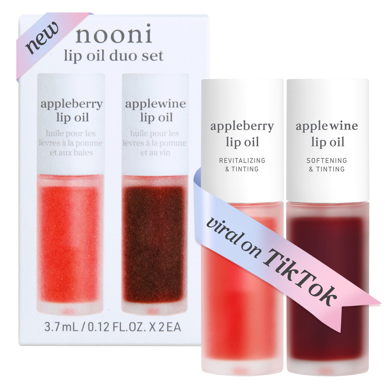 Lip oil set box and products featuring appleberry and applewine shades.