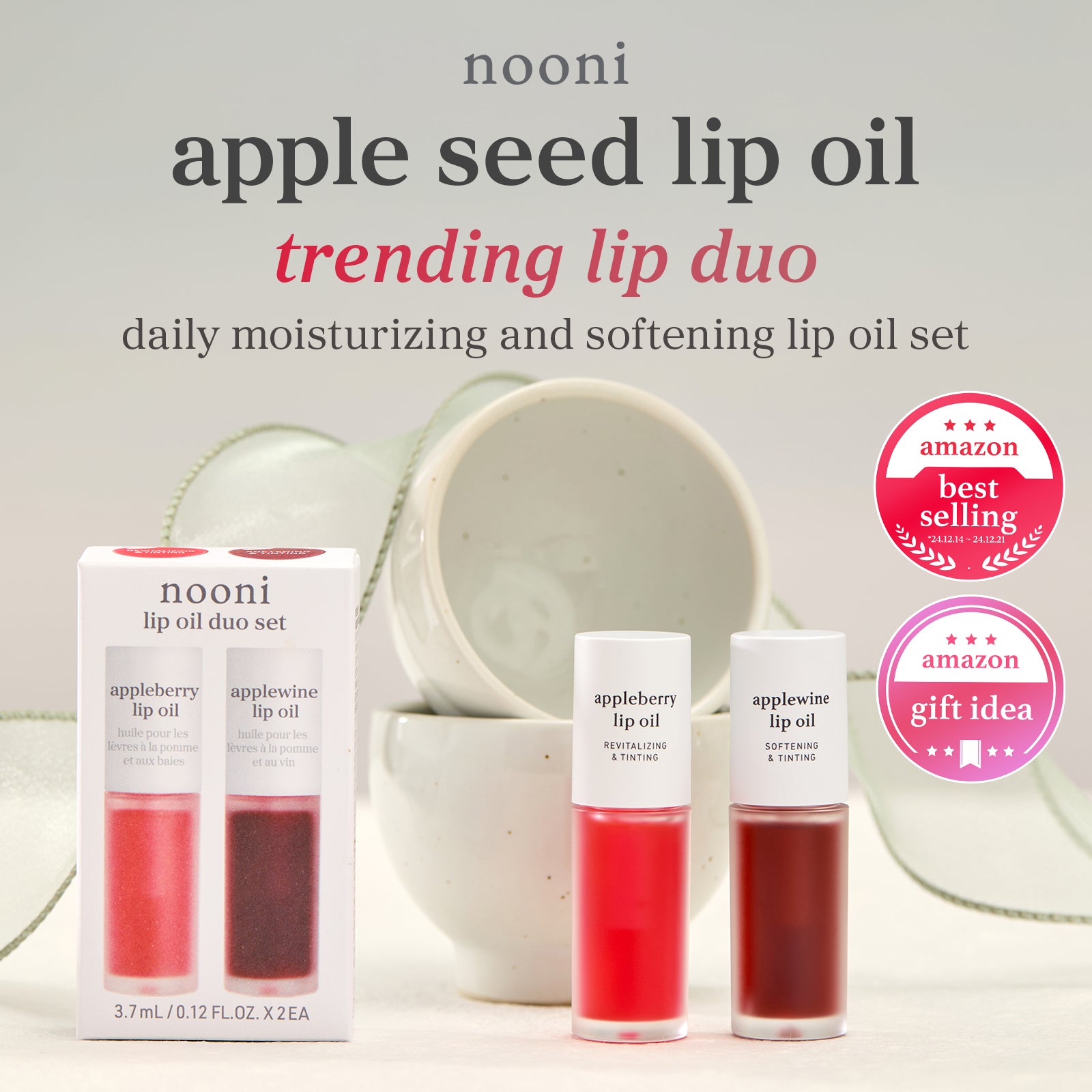 Apple seed lip oil duo set with appleberry and applewine products and Amazon award badges.