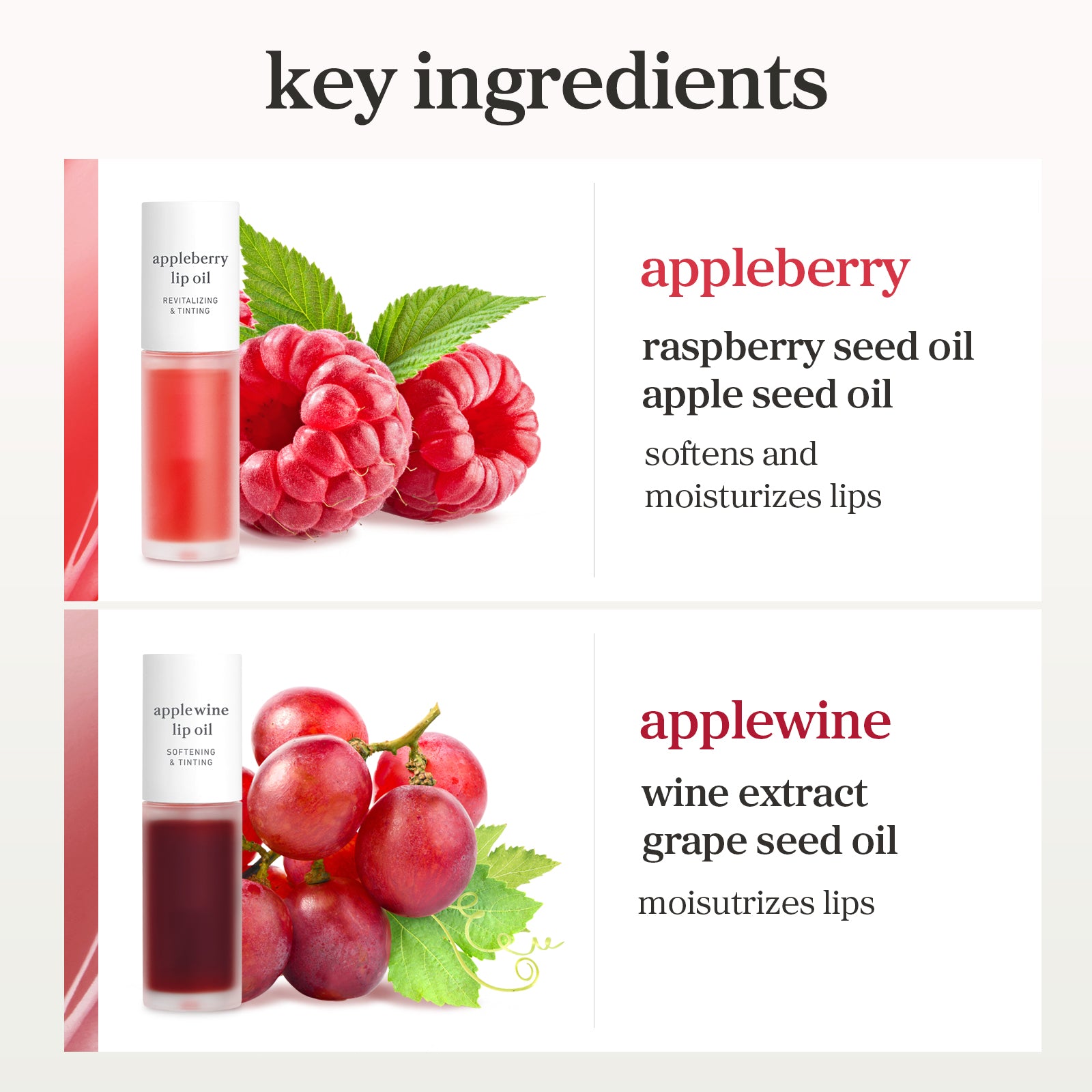 Lip oil ingredient chart featuring raspberry seed oil and wine extract.