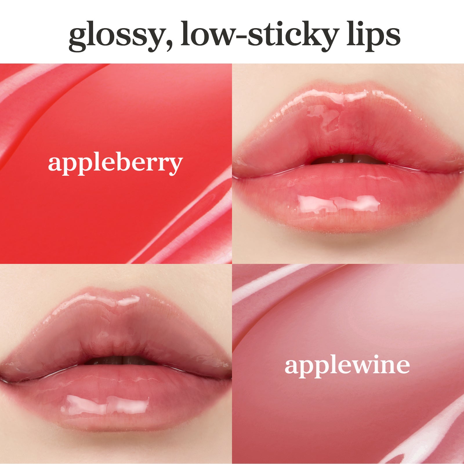 Lip Oil duo set(appleberry & applewine) applied on lips showing glossy finish and natural tint.