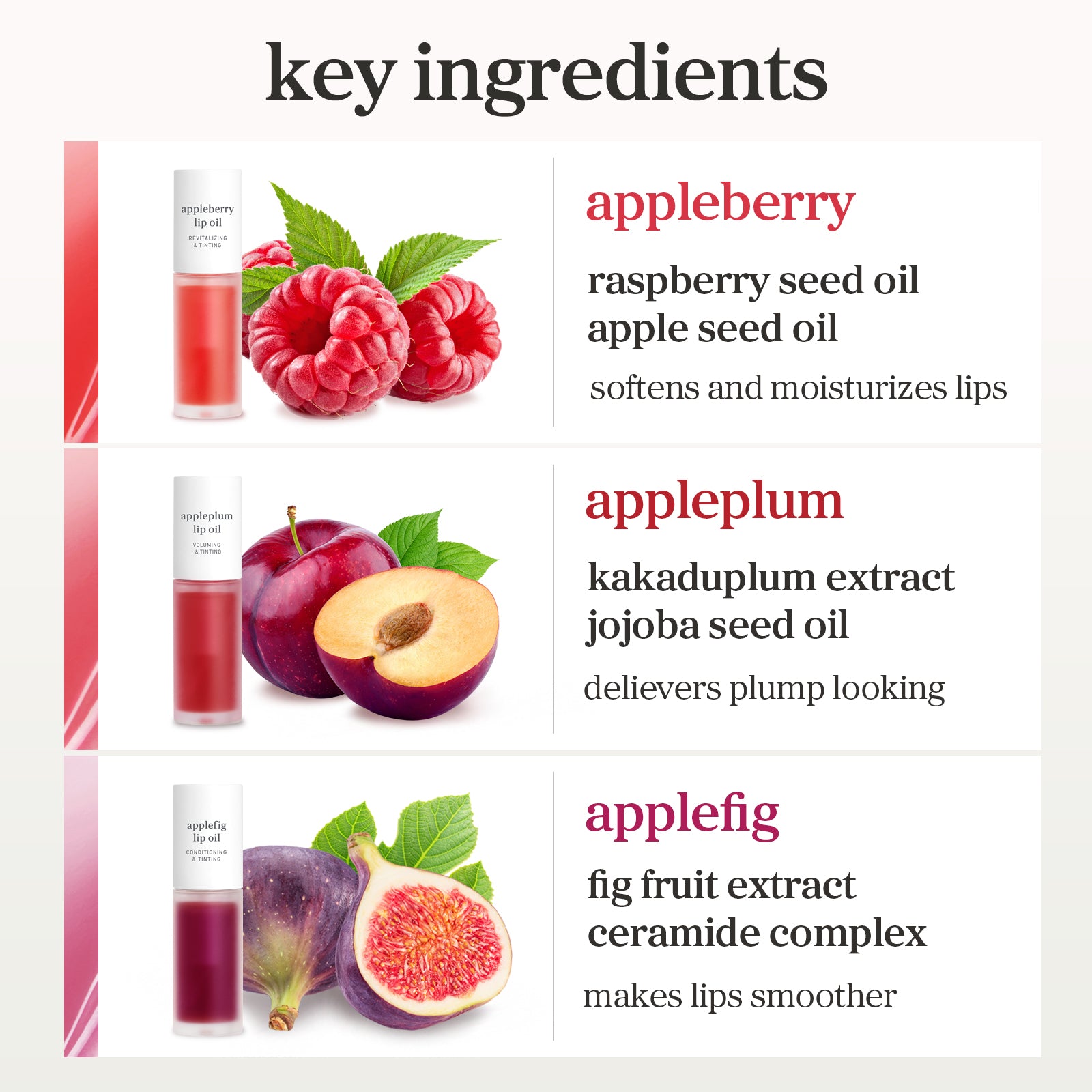 Lip oil ingredient chart featuring raspberry seed oil, kakadu plum extract and fig fruit extract.