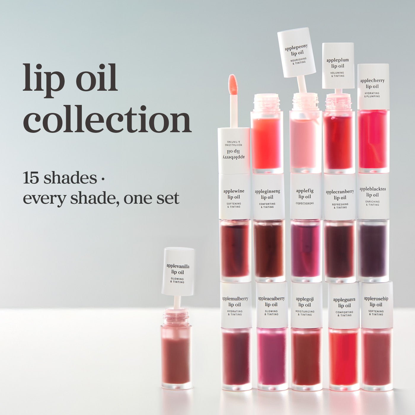 nooni Complete Color Collection 15 pack showing all lip oil shades and products in one set.