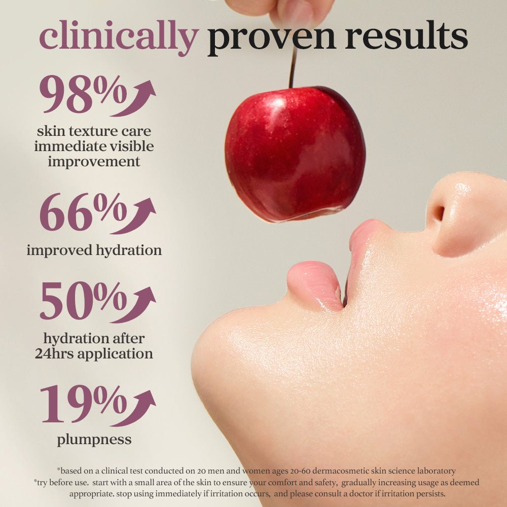 Clinical results showing improved lip texture, hydration, and plumpness after use of appleblacktea lip oil over time.