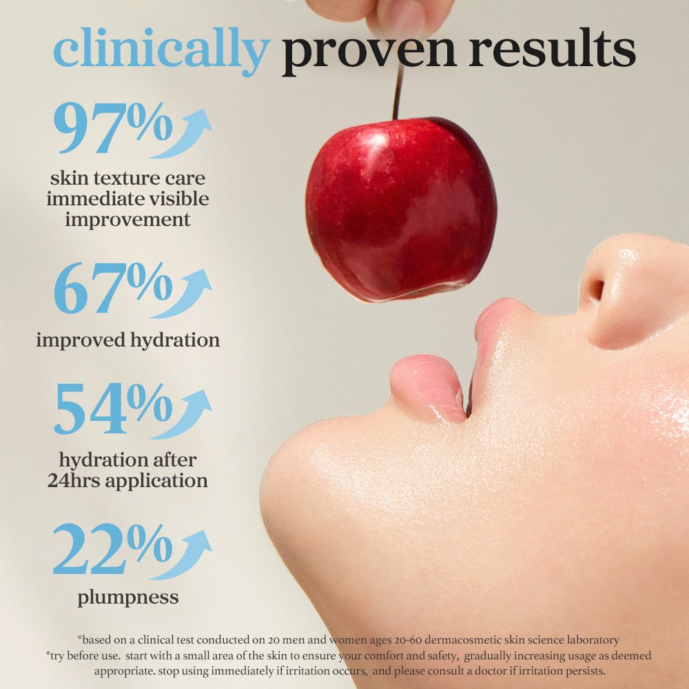 Clinical results showing improved lip texture, hydration, and plumpness after use of appleclear lip oil over time.