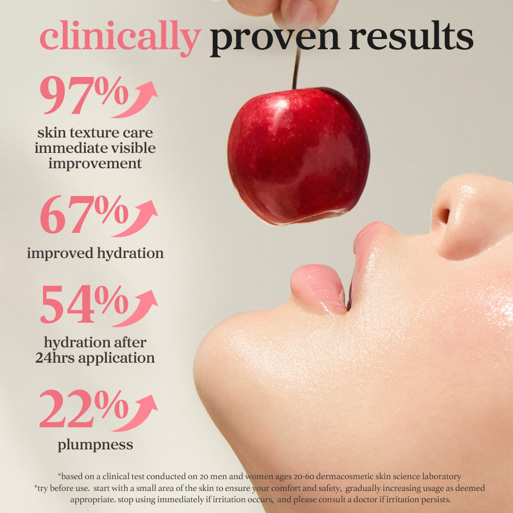 Clinical results showing improved lip texture, hydration, and plumpness after use of applepeony lip oil over time.
