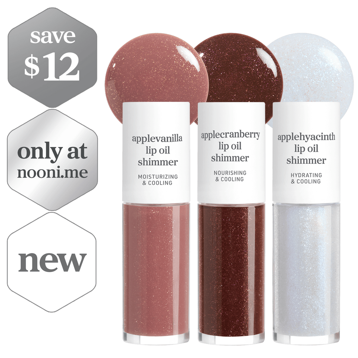 Lip Oil Shimmer: Trio Set (Applevanilla & Applecranberry & Applehyacinth) - nooni
