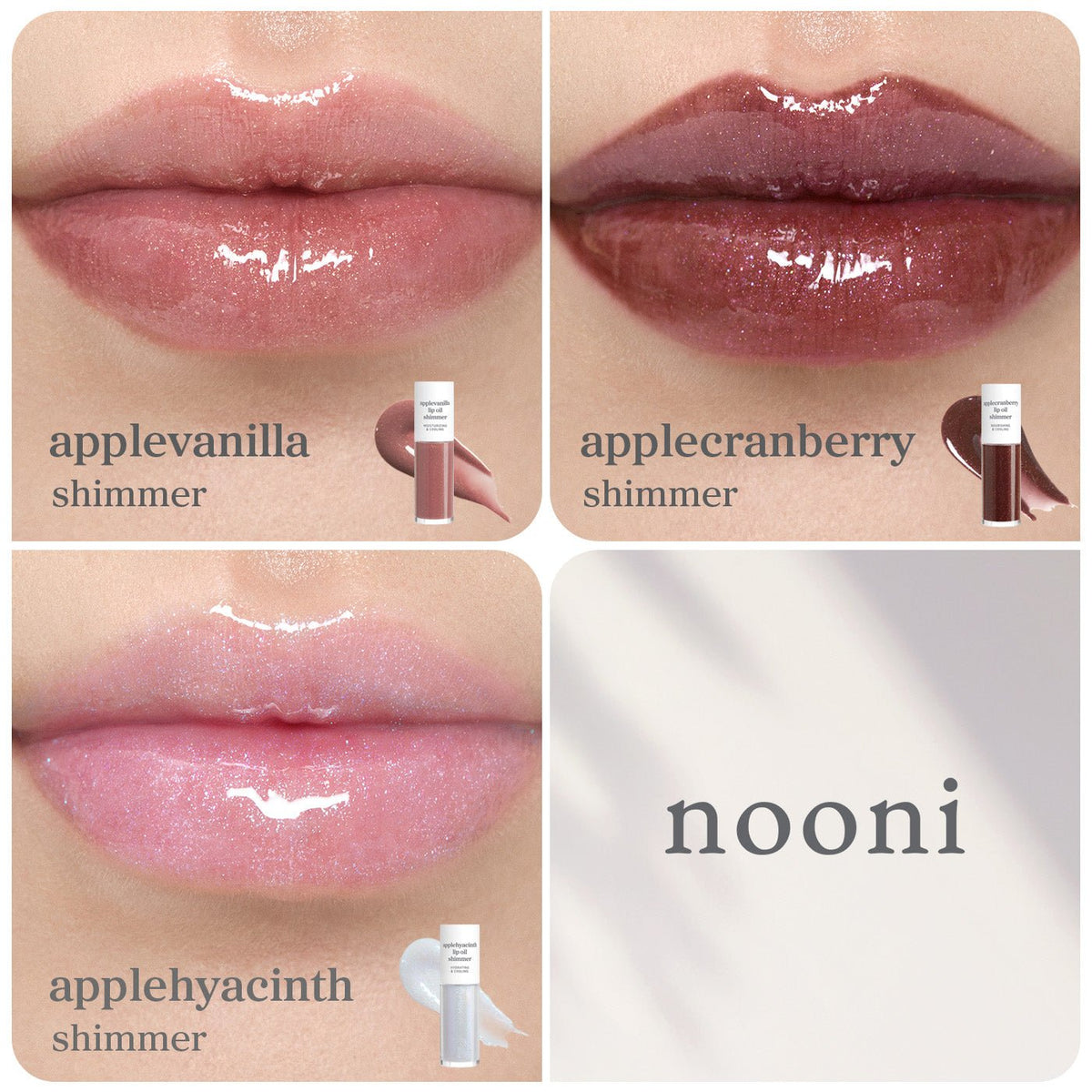 Lip Oil Shimmer: Trio Set (Applevanilla & Applecranberry & Applehyacinth) - nooni