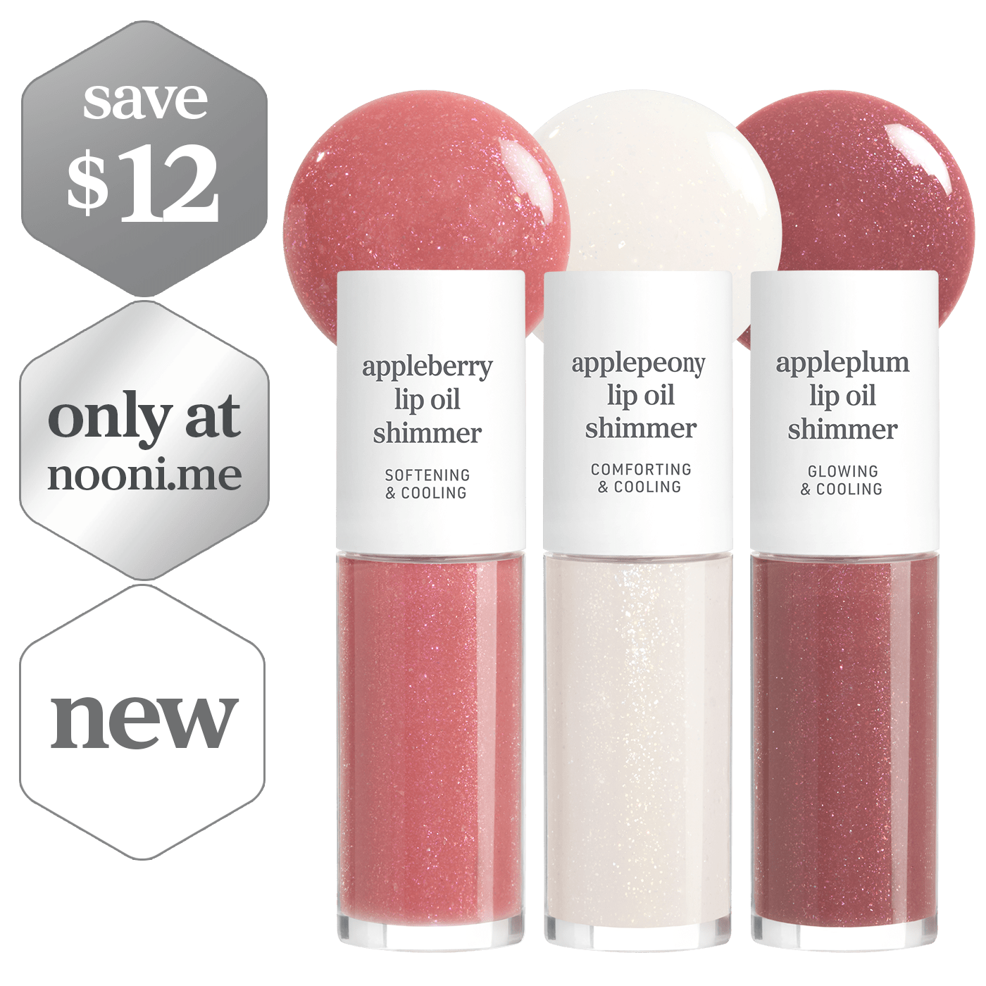 Lip Oil Shimmer: Trio Set (Appleberry & Applepeony & Appleplum) - nooni