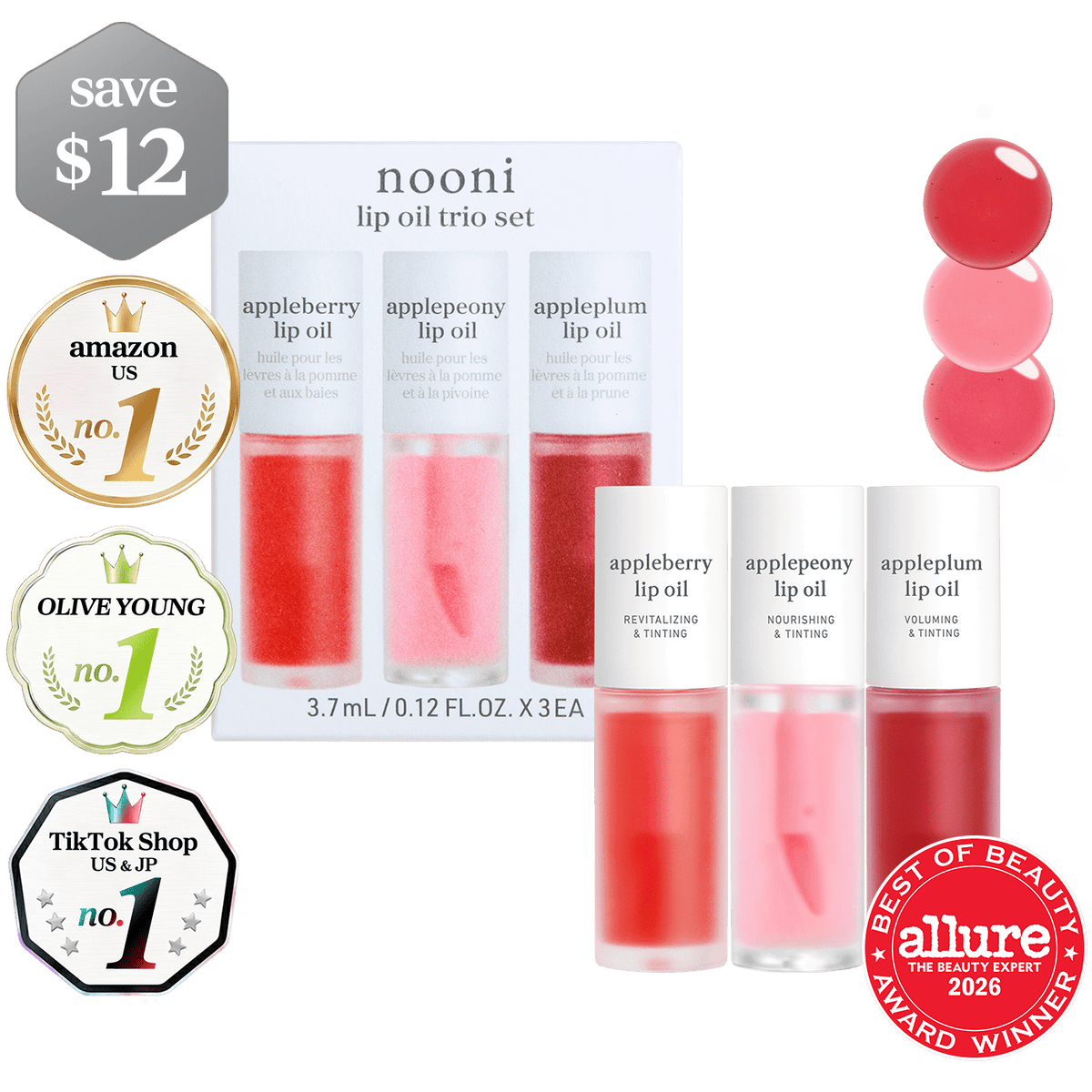 Lip Oil: Trio set (appleberry & applepeony & appleplum) - nooni