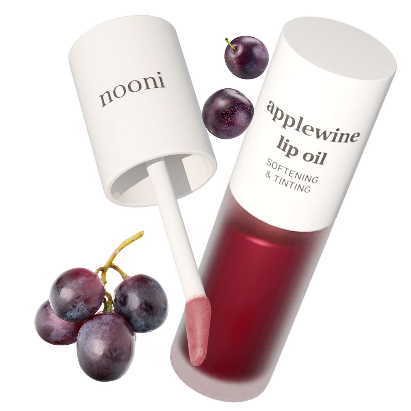 Nooni applewine lip oil 3.7ml product with applicator and grape ingredients
