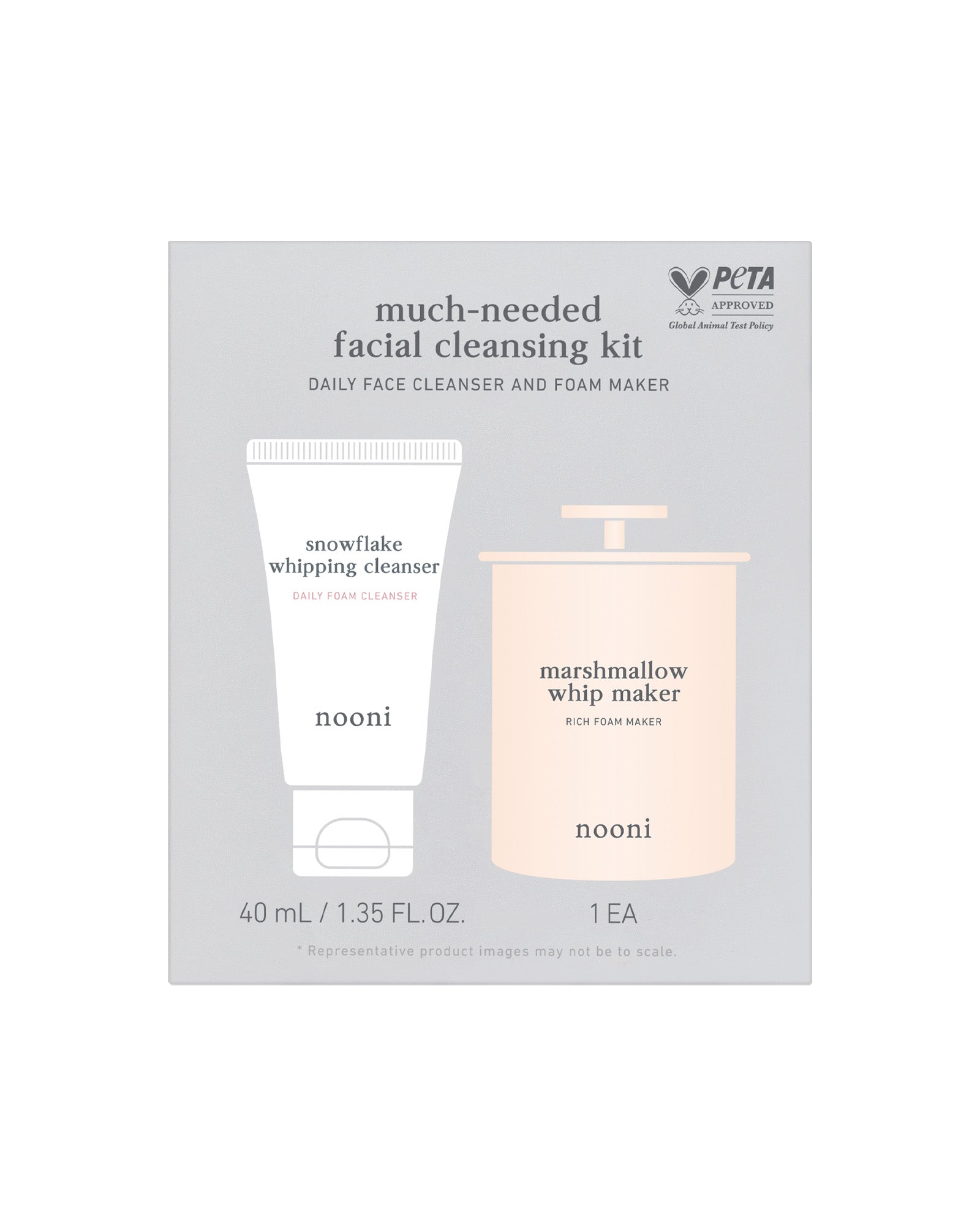 Nooni Much-Needed Facial Cleansing Kit box packaging with PETA approved logo