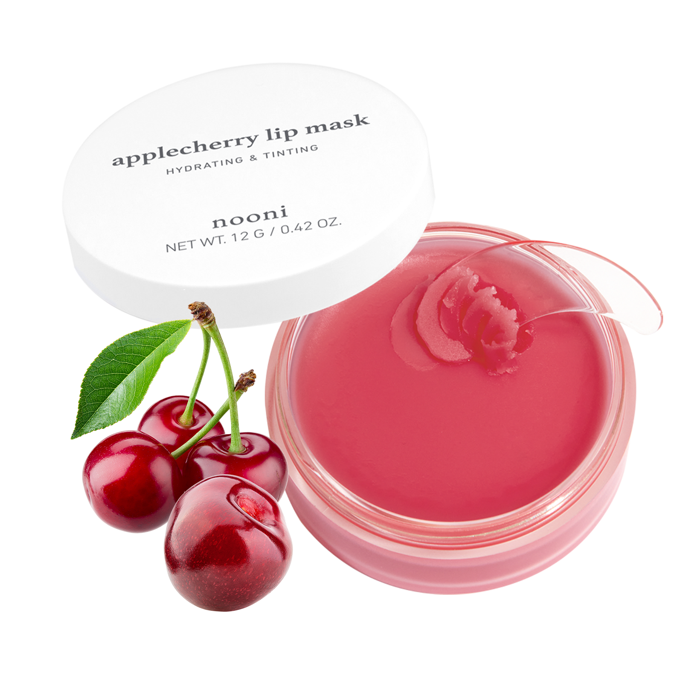 Nooni applecherry lip mask 12g open tub with fresh cherry ingredients