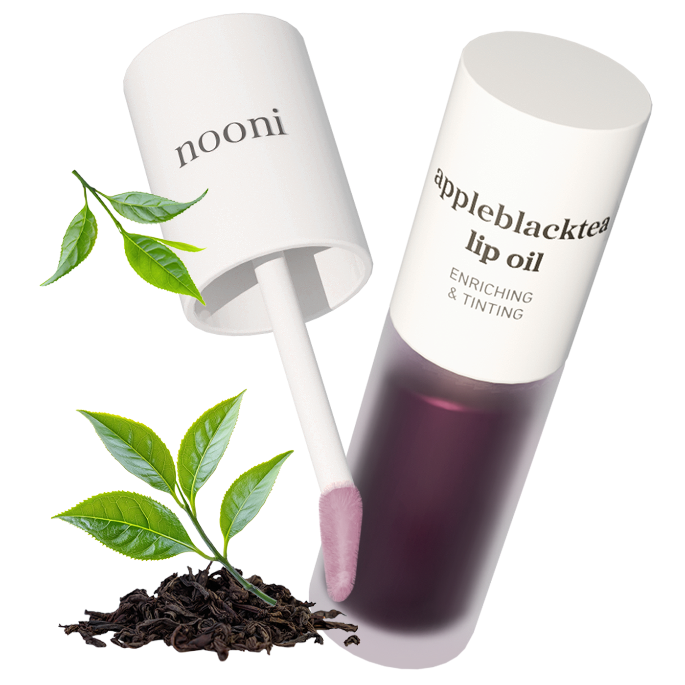 Nooni appleblacktea lip oil product with applicator and black tea leaf ingredients