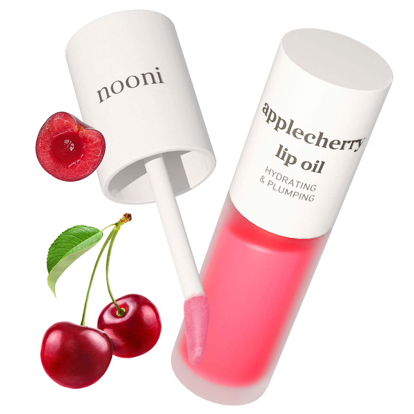 Nooni applecherry lip oil 3.7ml product with applicator and cherry ingredients