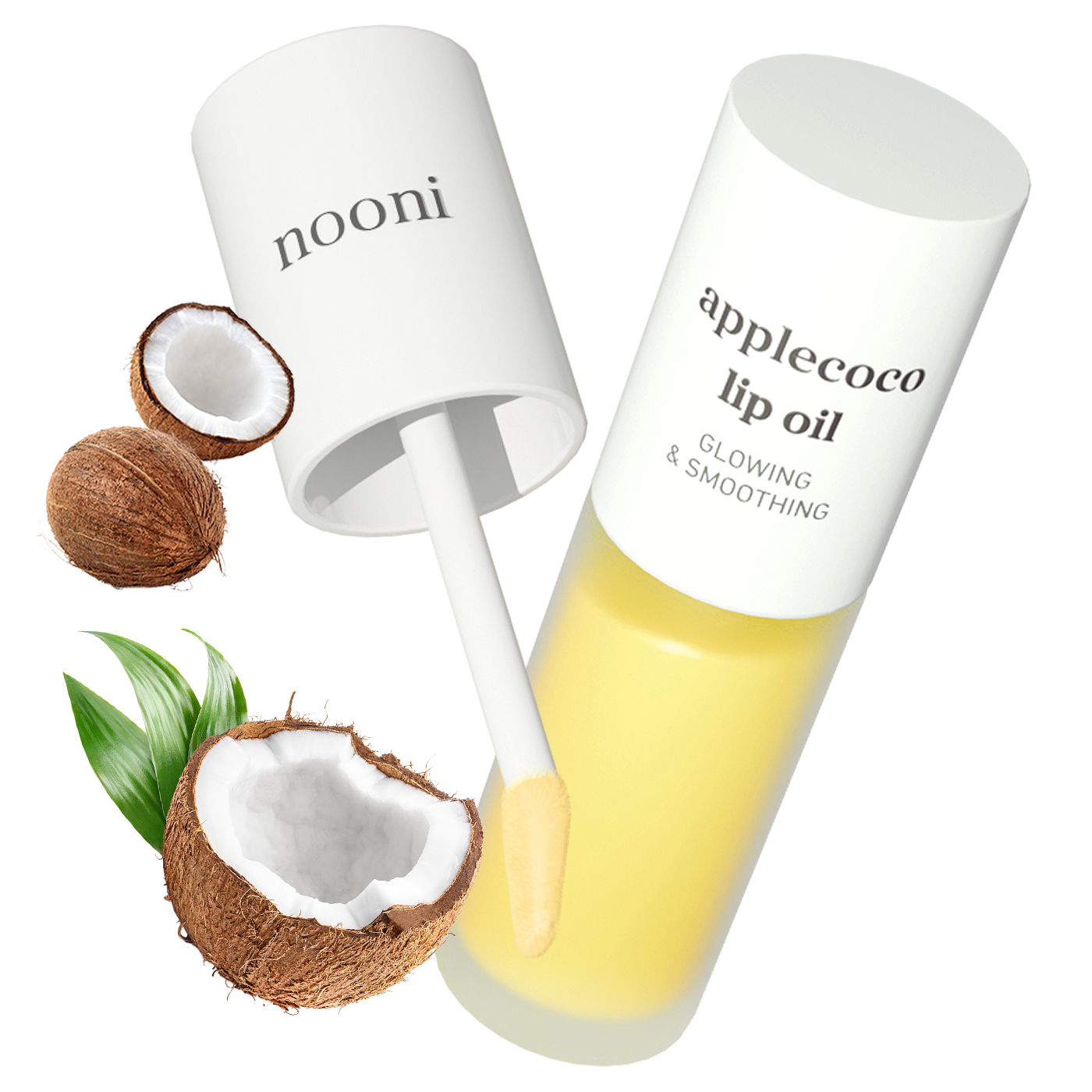 Nooni applecoco lip oil 3.7ml product with applicator and coconut ingredients