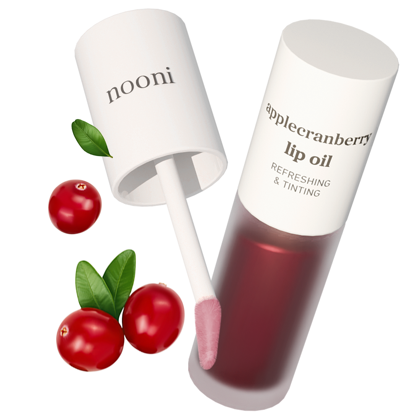 Nooni applecranberry lip oil product with applicator and cranberry ingredients