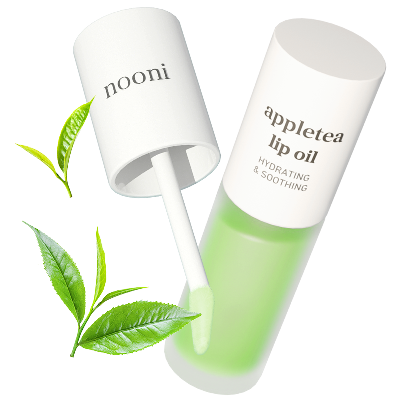 Nooni appletea lip oil 3.7ml product with applicator and green tea leaf ingredients