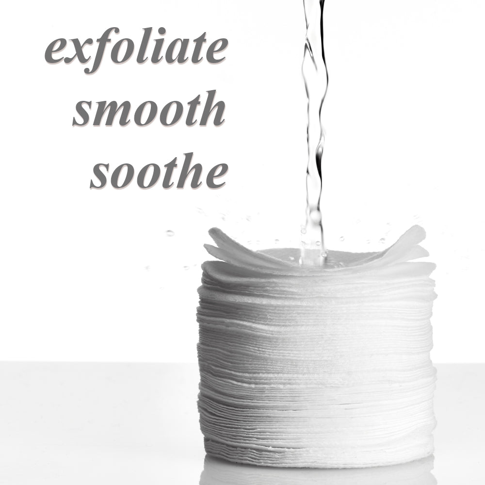 Toner being poured onto a stack of peel pads - Exfoliate, Smooth, Soothe