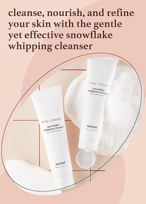 Two Nooni Snowflake Whipping Cleanser products shown with gentle foam