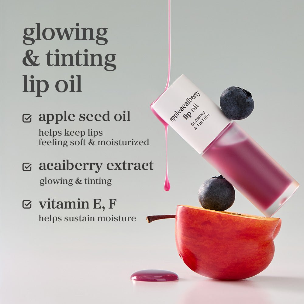 Appleacaiberry lip oil highlighting apple seed oil, rosehip extract, and vitamin E&F as key ingredients.