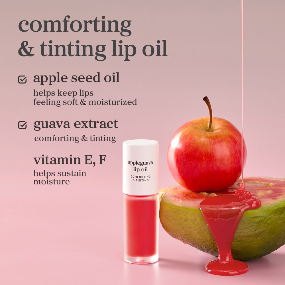 Appleguava lip oil highlighting apple seed oil, rosehip extract, and vitamin E&F as key ingredients.