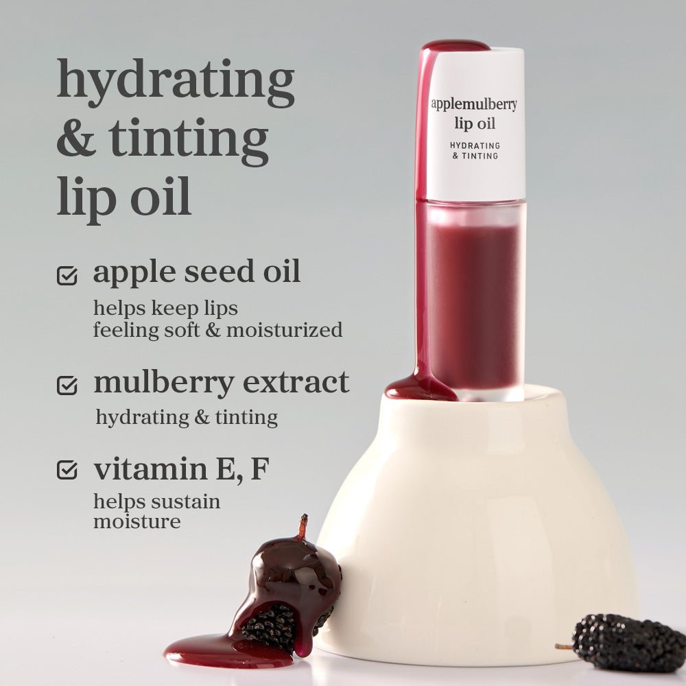 Applecranberry lip oil highlighting apple seed oil, mulberry extract, and vitamin E&F as key ingredients.