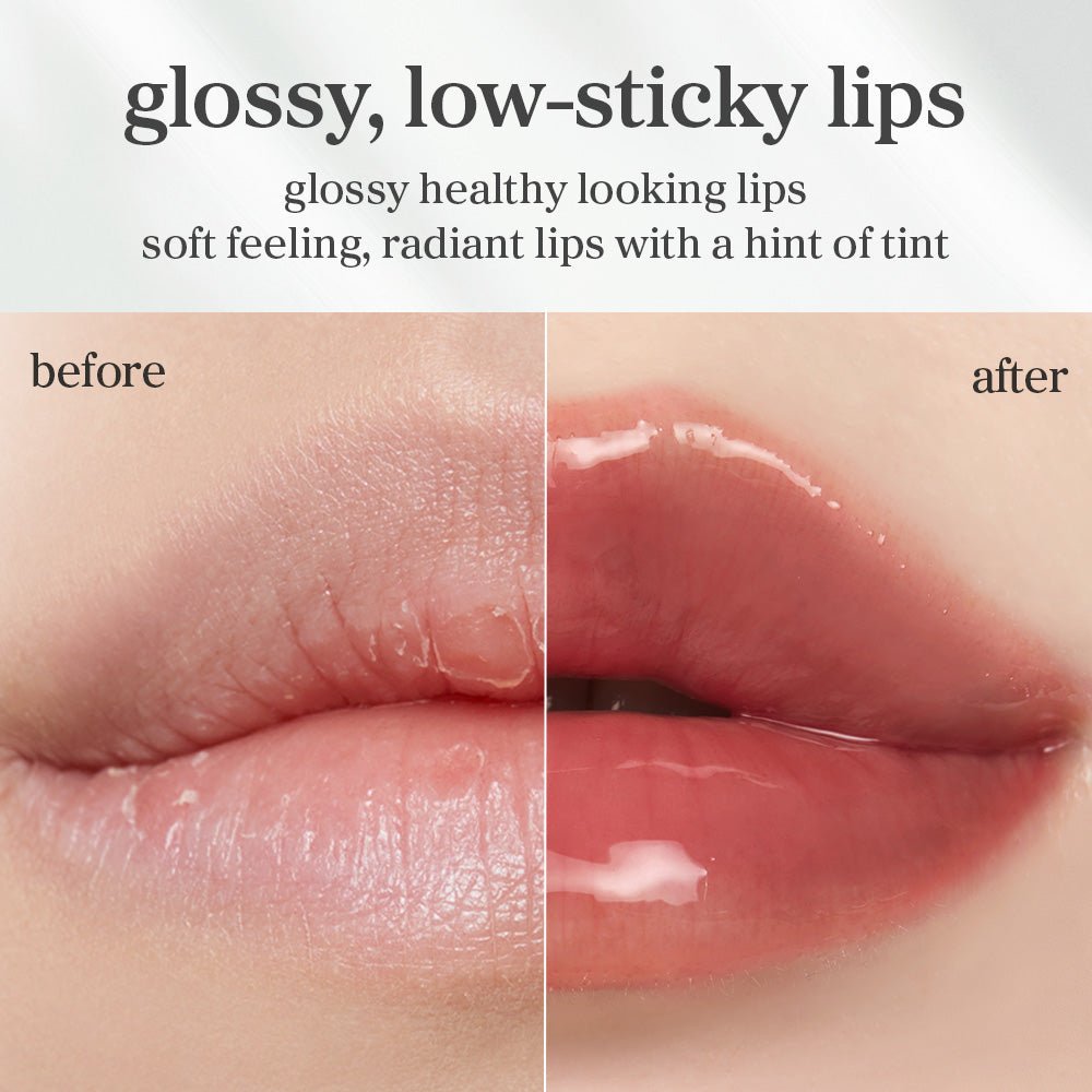 Before and after lips using applevanilla lip oil showing smoother appearance and enhanced gloss after application.