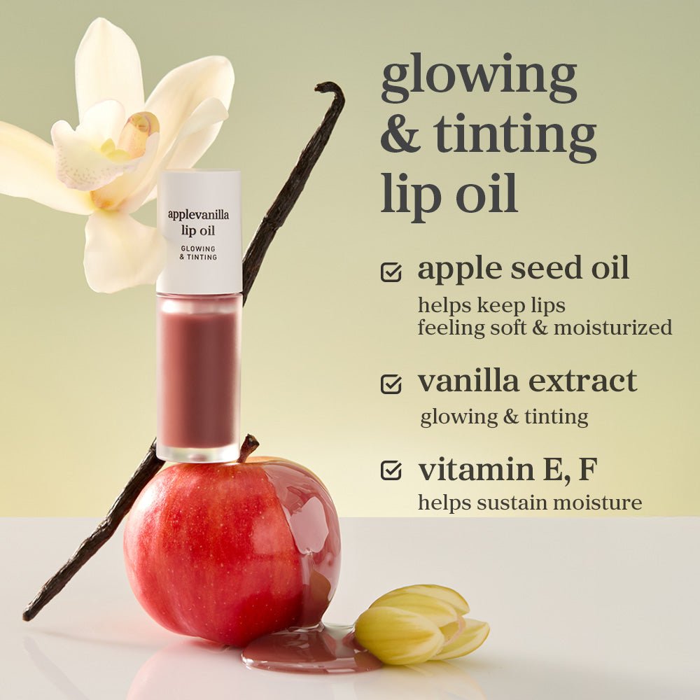 Applevanilla lip oil highlighting apple seed oil, rosehip extract, and vitamin E&F as key ingredients.