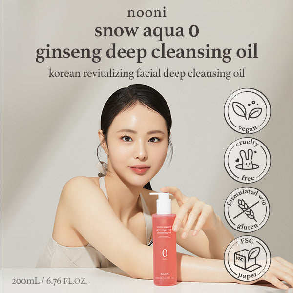 Model with Nooni Ginseng Cleansing Oil, showing vegan, cruelty-free, and gluten-free logos
