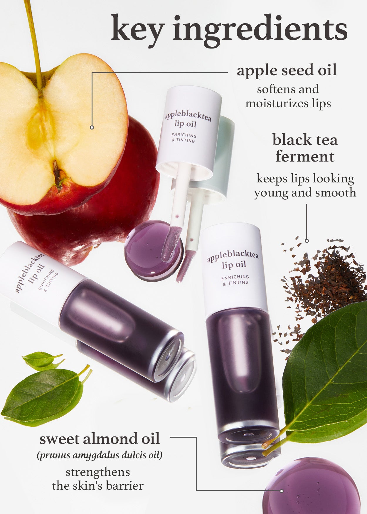 Nooni appleblacktea lip oil key ingredients: apple seed oil, black tea ferment, sweet almond oil