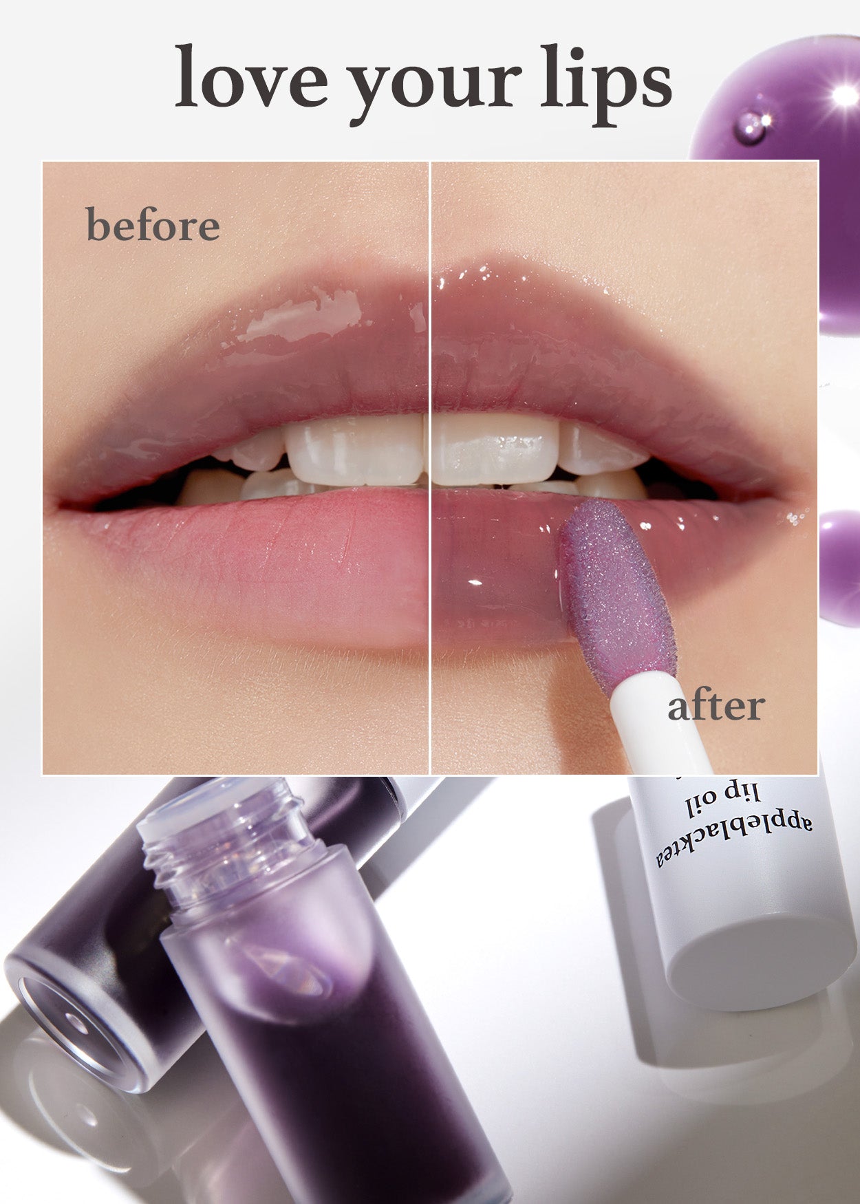 Before and after comparison of hydrated and plumped lips using Nooni appleblacktea lip oil