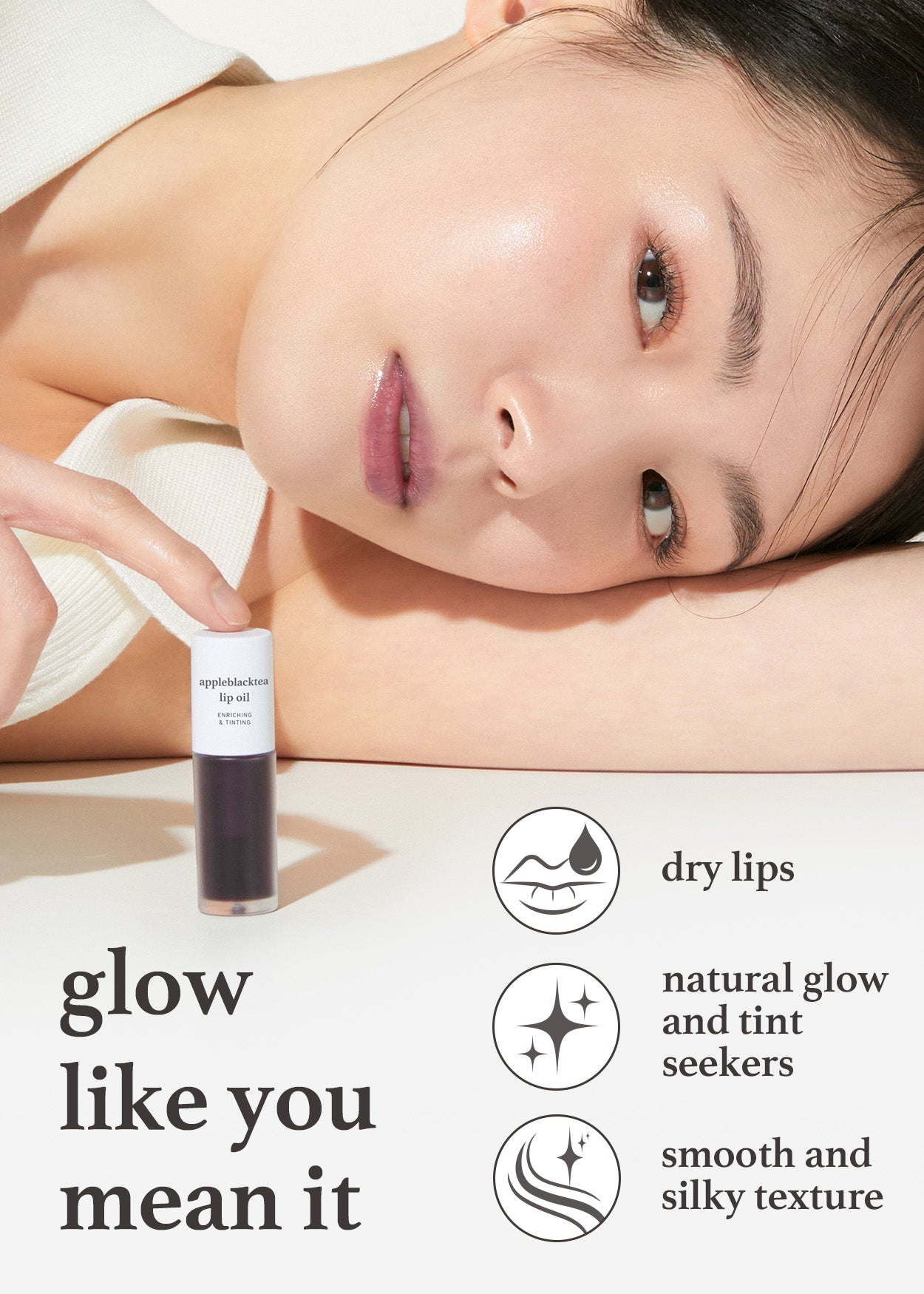 Recommended for Nooni appleblacktea lip oil: dry lips, natural glow and tint, smooth and silky texture