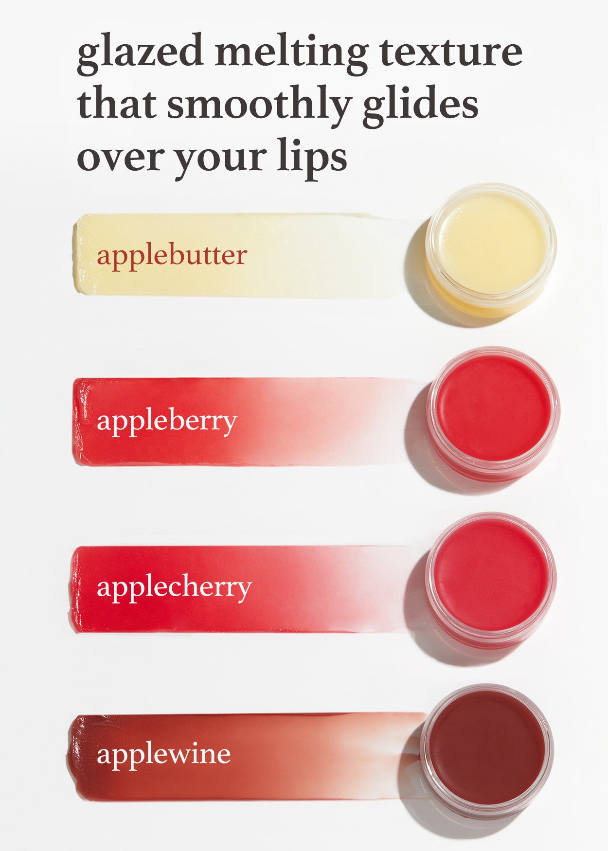 Glazed melting texture swatches of Nooni lip mask: applebutter, appleberry, applecherry, and applewine