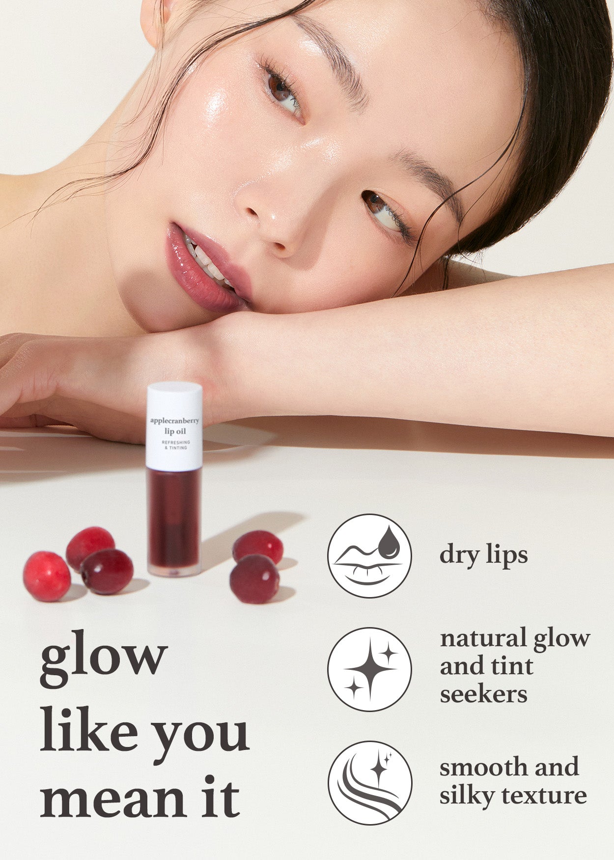 Recommended for Nooni applecranberry lip oil: dry lips, natural glow and tint, smooth and silky texture