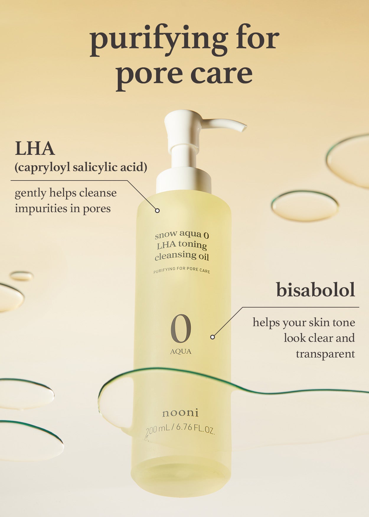 Nooni LHA Cleansing Oil pore care ingredients: LHA cleanses impurities, Bisabolol improves skin tone