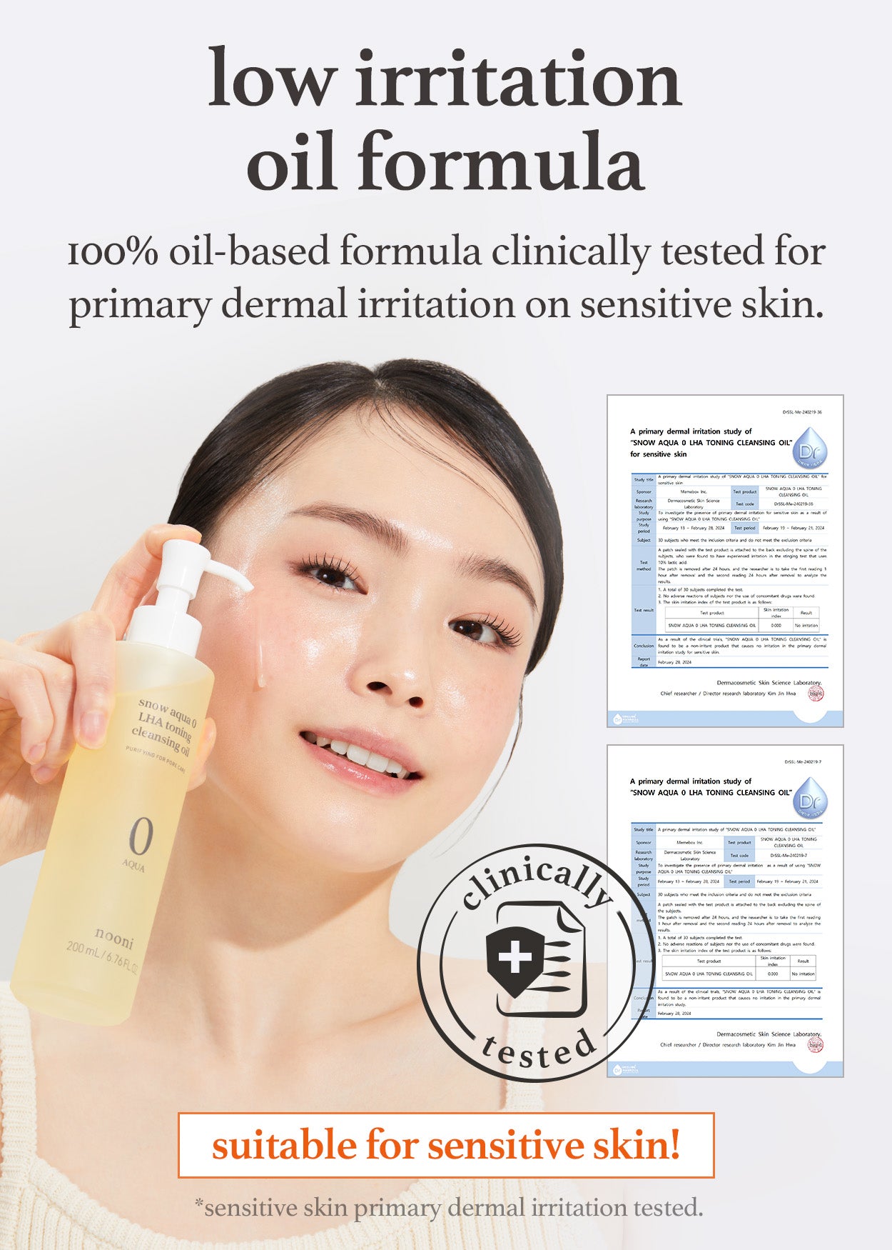 Nooni LHA Cleansing Oil low irritation formula, clinically tested for sensitive skin with reports