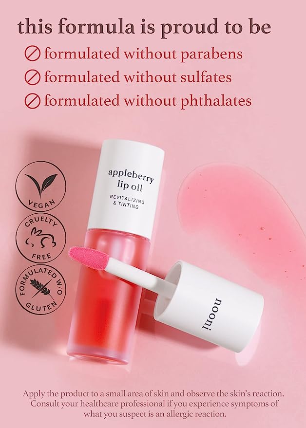Nooni appleberry lip oil formula: free of parabens, sulfates, phthalates, with Vegan, Cruelty-Free, and PETA Approved logos