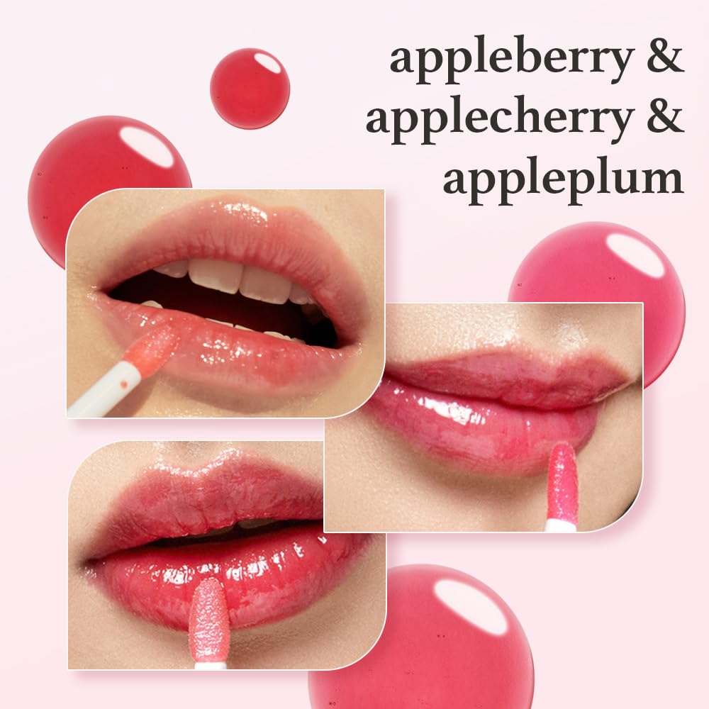 Appleberry, applecherry and appleplum lip oil showing application on lips with doe foot applicator and even layer finish.
