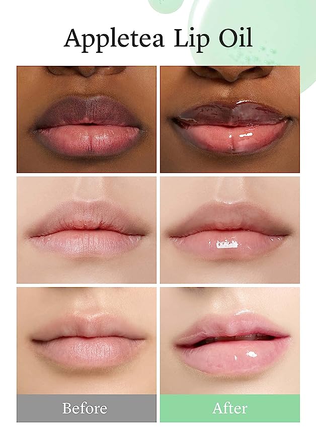 Nooni appletea lip oil before and after comparison on diverse skin tones, showing hydrated and soothed lips