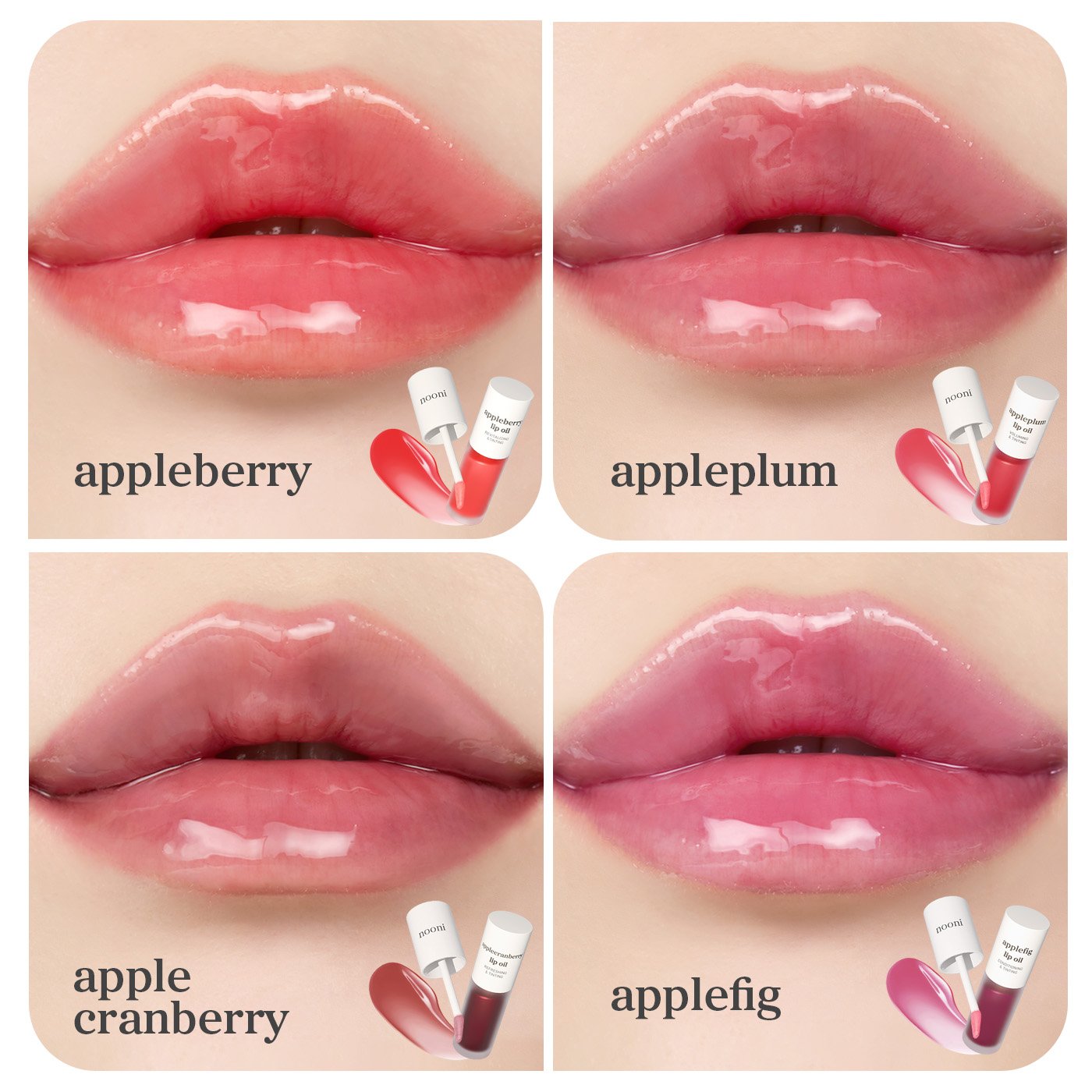 Lip Oil Juicy Fruit 4 Pack applied on lips showing glossy finish and natural tint.