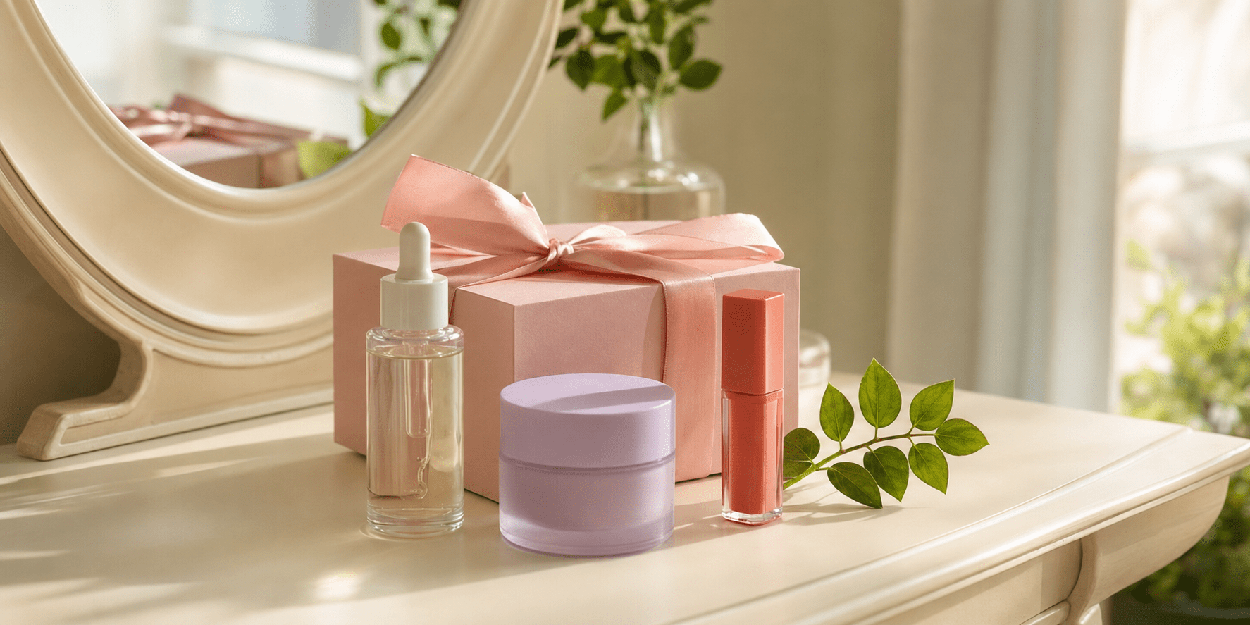 Gift ready K Beauty skincare and lip products displayed beside a ribbon wrapped gift box on a sunlit vanity table.