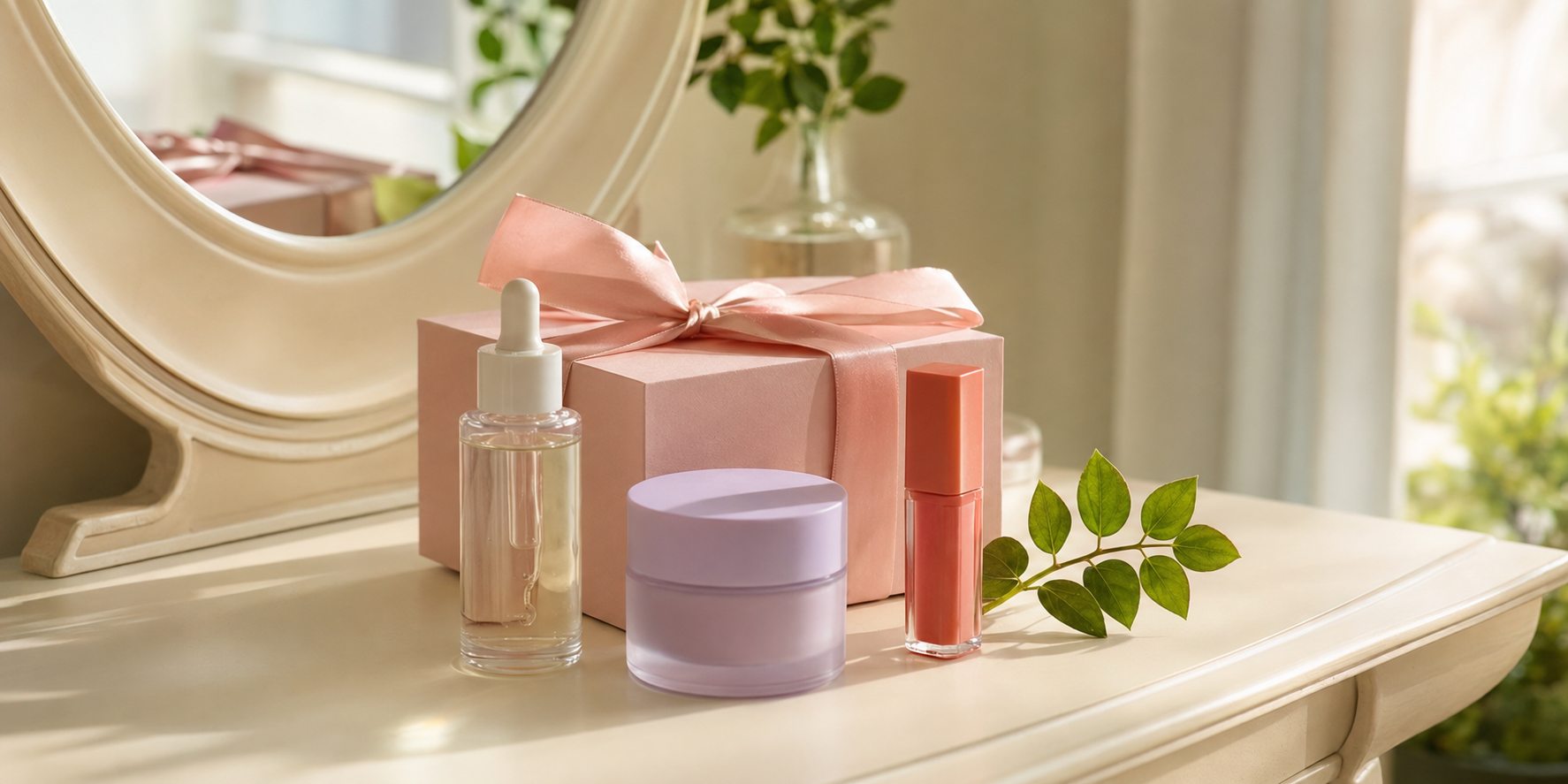 Gift ready K Beauty skincare and lip products displayed beside a ribbon wrapped gift box on a sunlit vanity table.