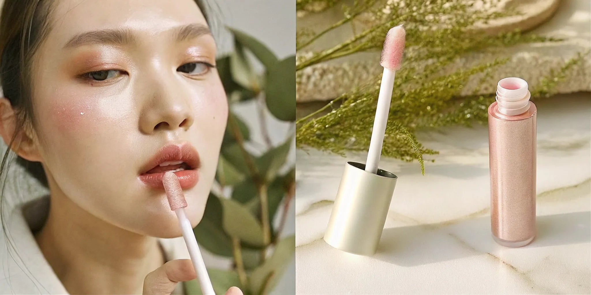 Glossy pink lip oil being applied with doe-foot applicator on lips