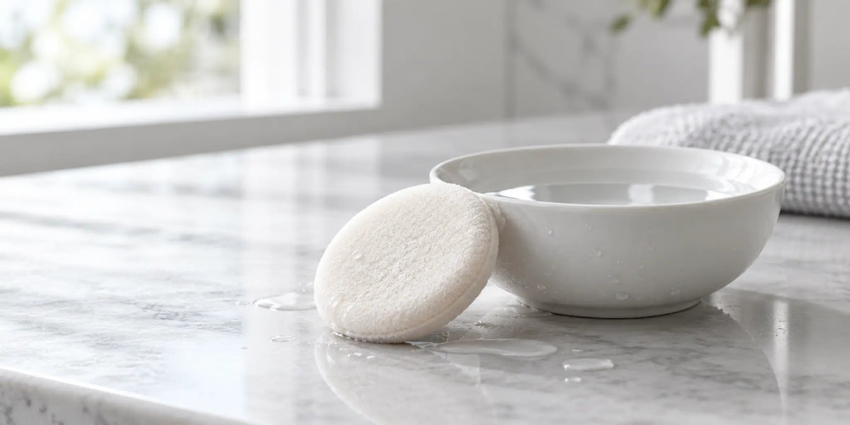 Clean round cushion puff beside a bowl of water on a bright vanity