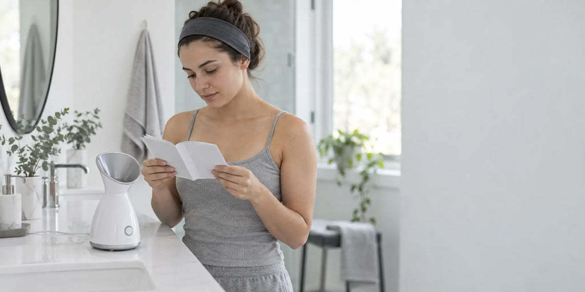Woman reading facial steamer directions beside the device on a bathroom counter