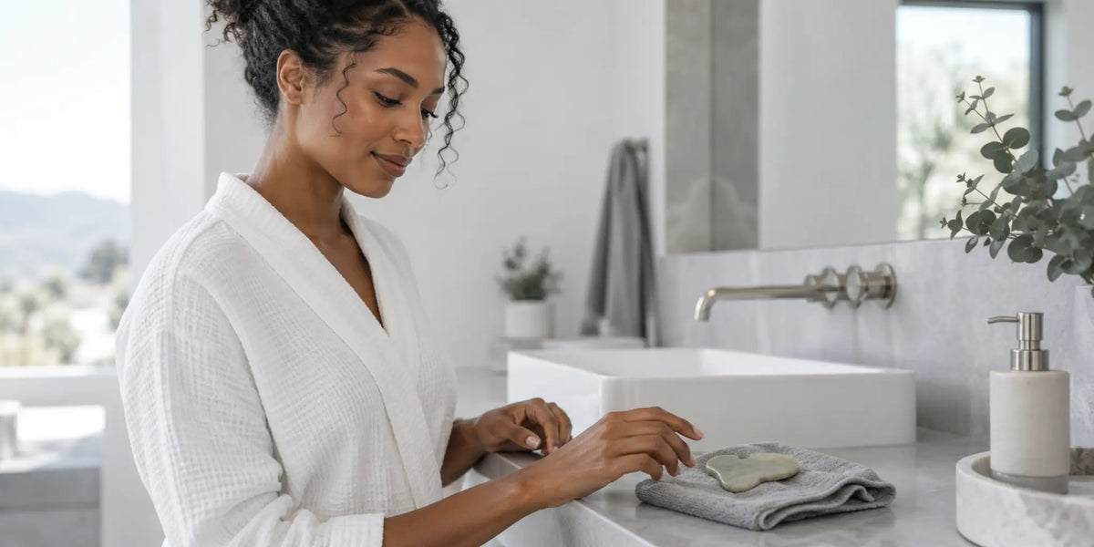 Woman prepares clean skin and a smooth gua sha tool for a gentle facial routine
