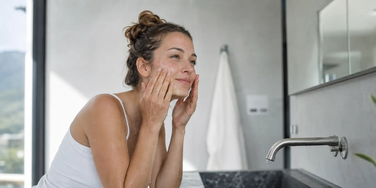 Woman washing her face at a bright bathroom sink
